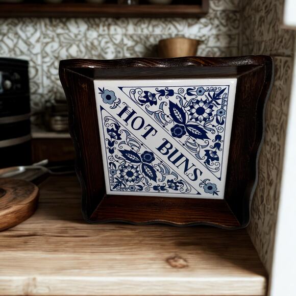 Vintage Blue & White “Hot Buns” Tile Trivet with Wood Frame Kitchen Decor - Picture 1 of 11